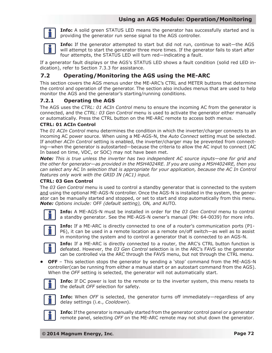 2 operating/monitoring the ags using the me-arc, 1 operating the ags | Magnum Energy ME-ARC Remote User Manual | Page 79 / 139