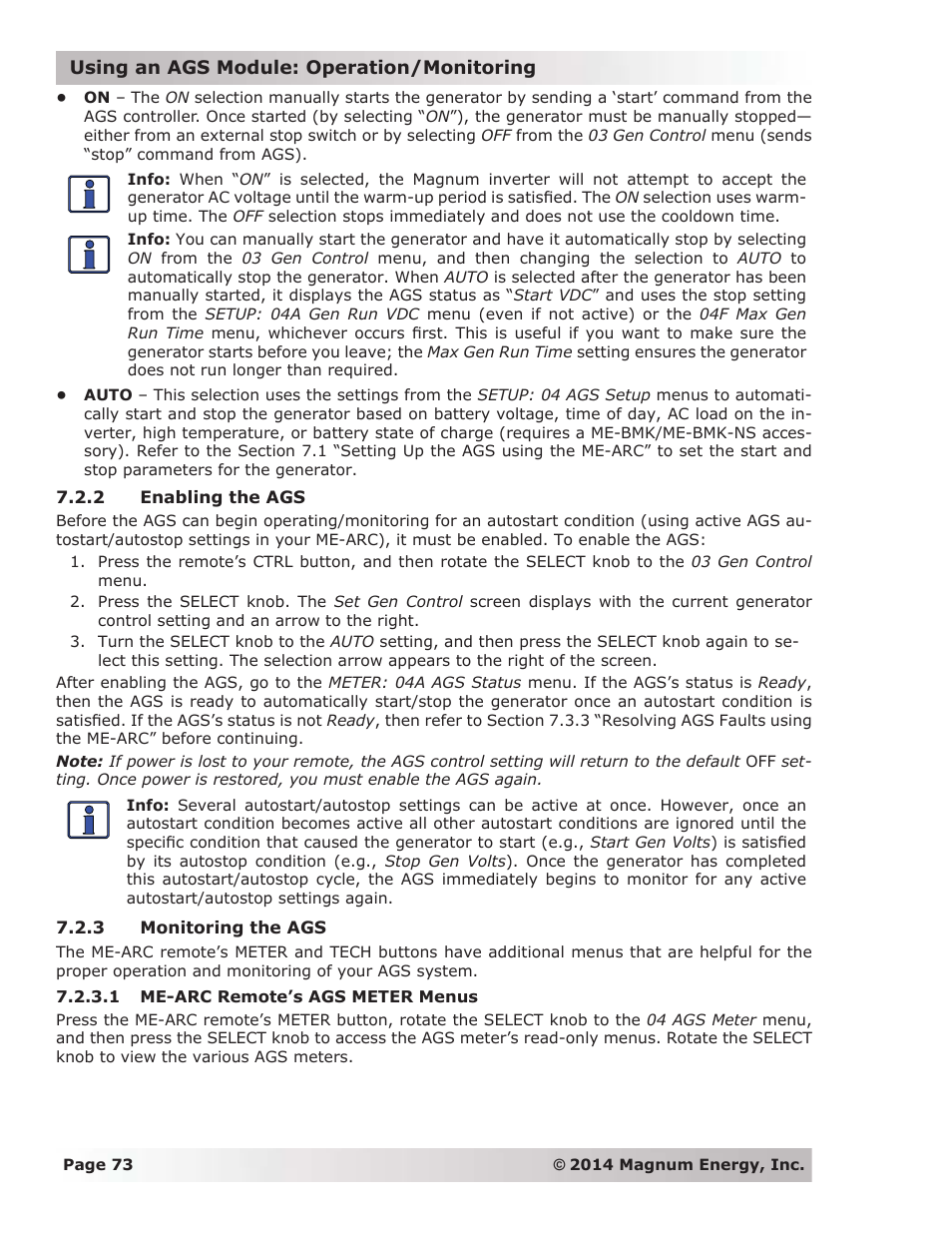 2 enabling the ags, 3 monitoring the ags, 1 me-arc remote’s ags meter menus | Magnum Energy ME-ARC Remote User Manual | Page 80 / 139