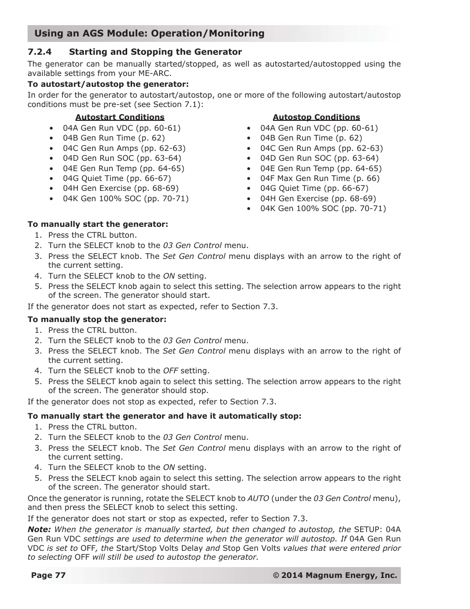 4 starting and stopping the generator | Magnum Energy ME-ARC Remote User Manual | Page 84 / 139