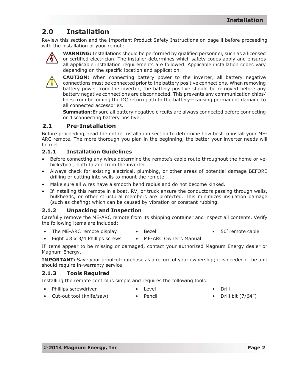 0 installation, 1 pre-installation, 1 installation guidelines | 2 unpacking and inspection, 3 tools required | Magnum Energy ME-ARC Remote User Manual | Page 9 / 139