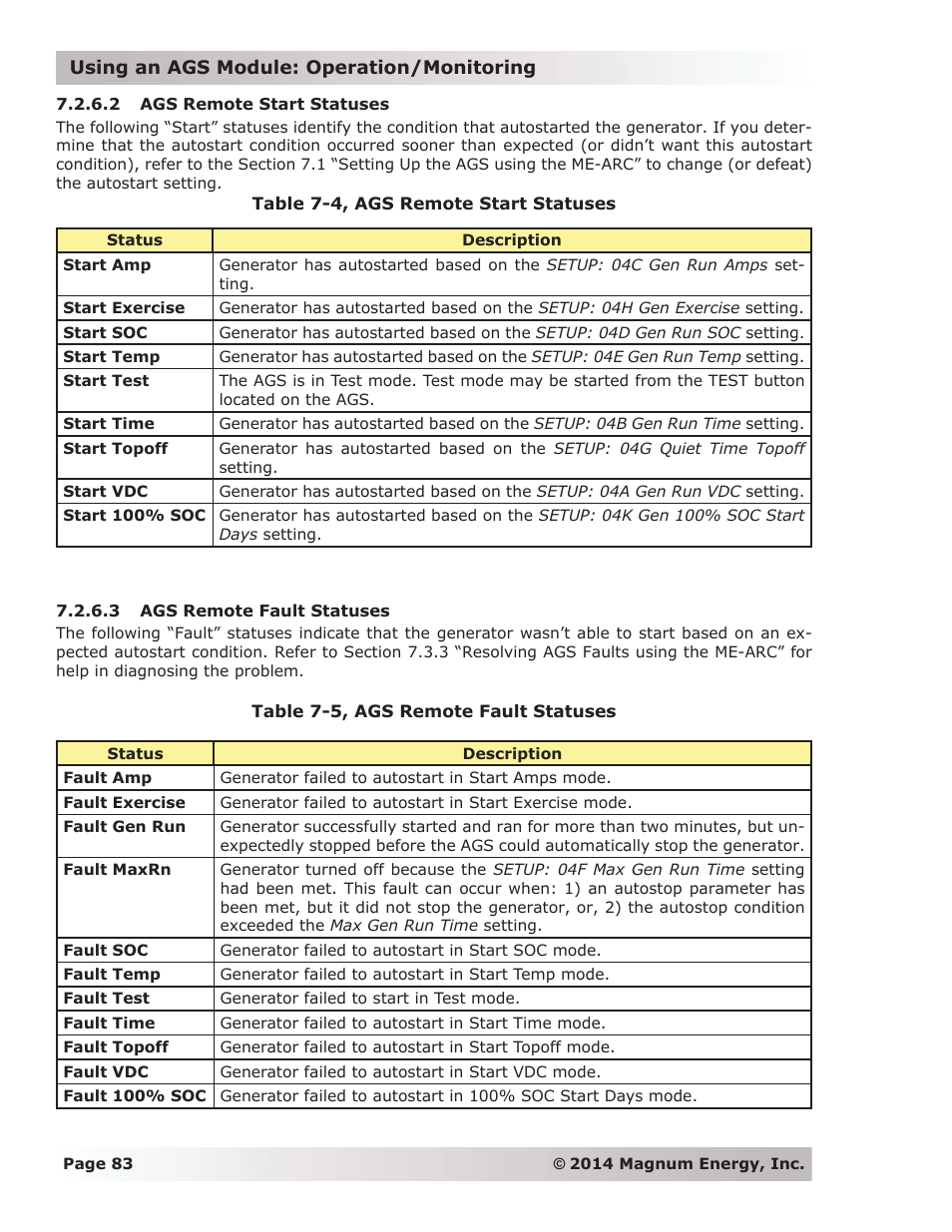 2 ags remote start statuses, 3 ags remote fault statuses | Magnum Energy ME-ARC Remote User Manual | Page 90 / 139