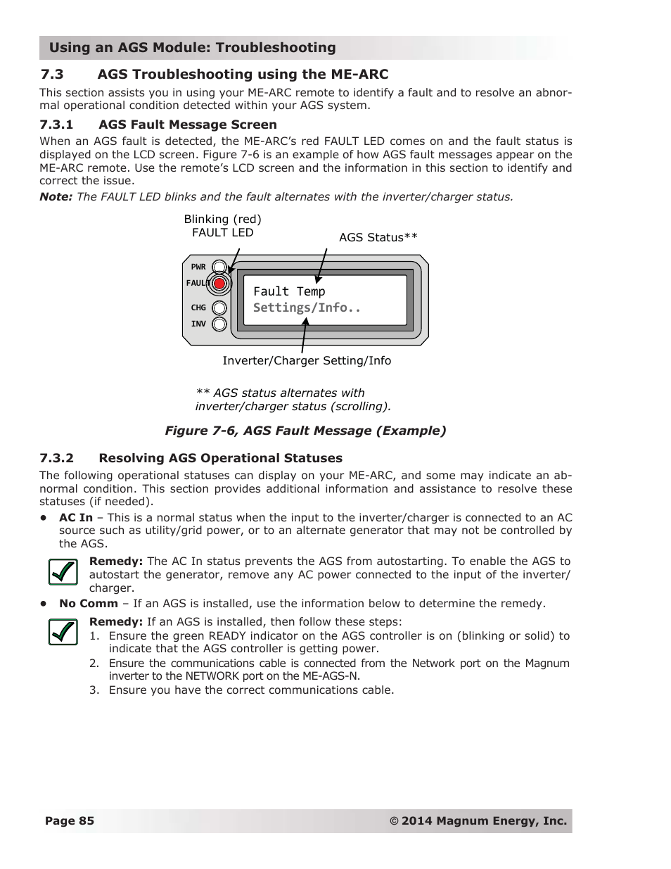 3 ags troubleshooting using the me-arc, 1 ags fault message screen, 2 resolving ags operational statuses | Fault temp settings/info | Magnum Energy ME-ARC Remote User Manual | Page 92 / 139