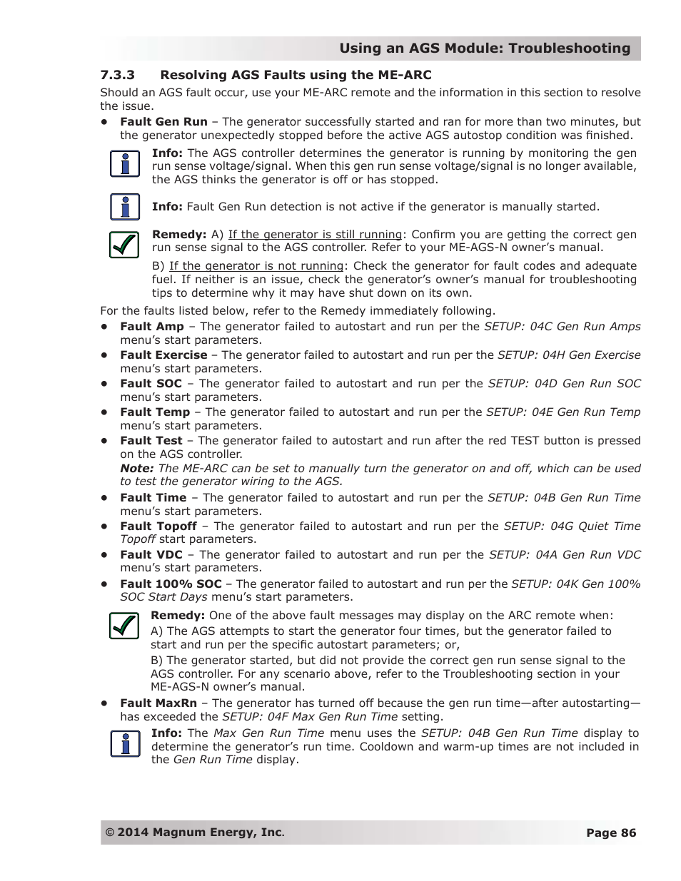 3 resolving ags faults using the me-arc | Magnum Energy ME-ARC Remote User Manual | Page 93 / 139
