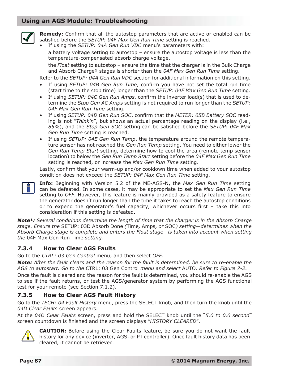 4 how to clear ags faults, 5 how to clear ags fault history | Magnum Energy ME-ARC Remote User Manual | Page 94 / 139