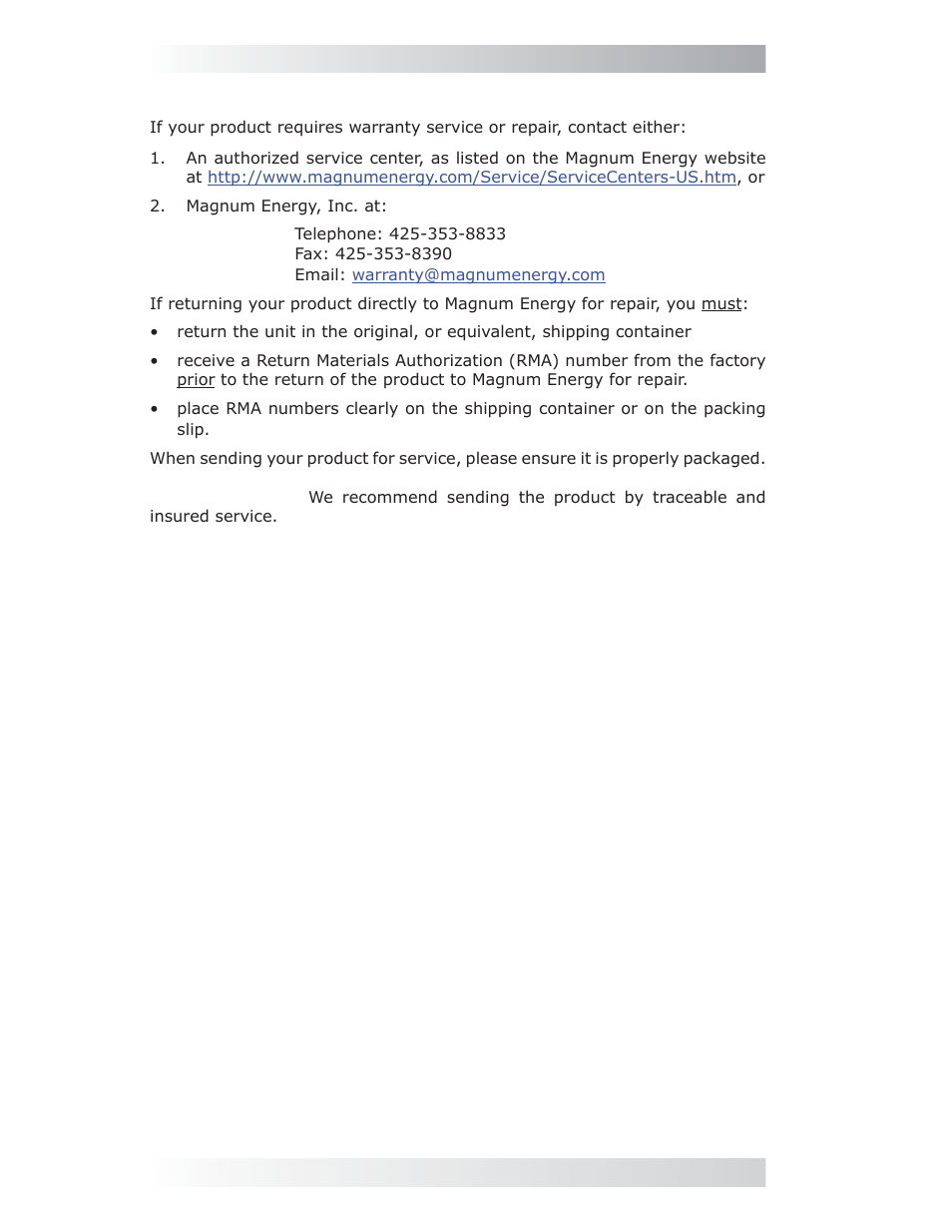 1 how to receive repair service, 0 service and warranty info | Magnum Energy ME-ARC Remote User Manual | Page 106 / 107