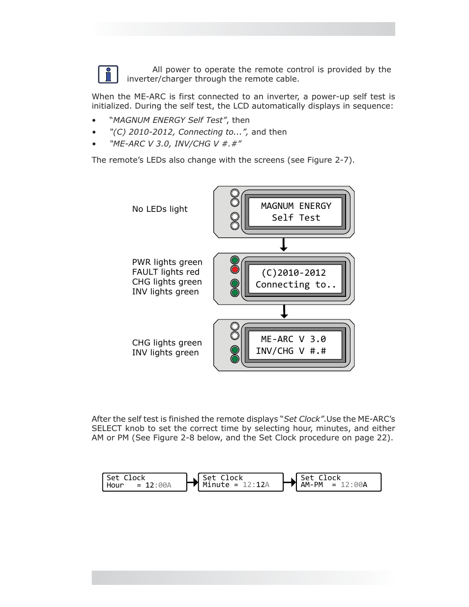 5 power-up self test, 0 installation 2.5 power-up self test, Magnum energy self test | Me-arc v 3.0 inv/chg v | Magnum Energy ME-ARC Remote User Manual | Page 13 / 107