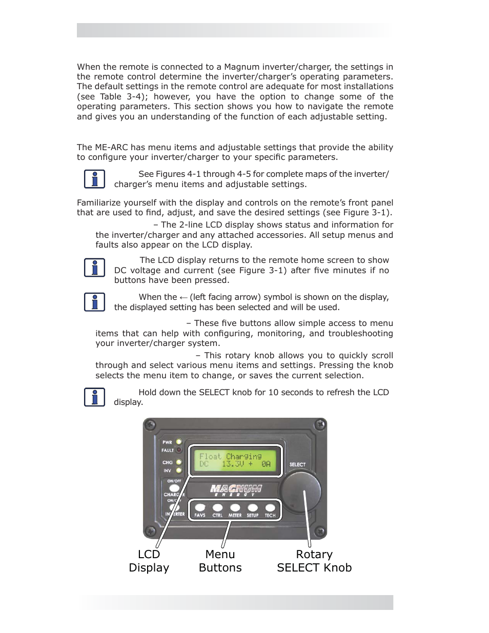 0 setup, 1 navigating the remote, Rotary select knob lcd display menu buttons | Magnum Energy ME-ARC Remote User Manual | Page 14 / 107