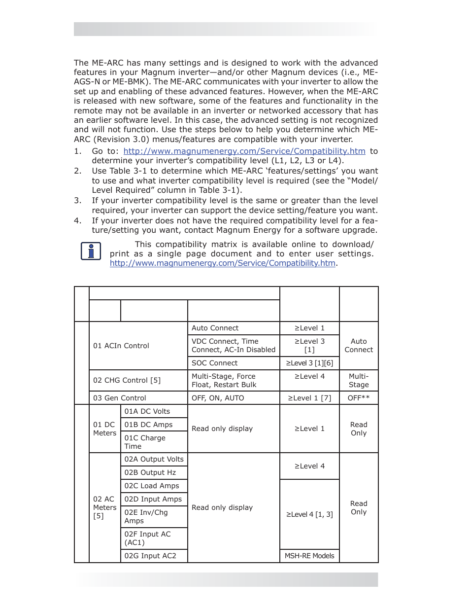 2 remote feature to inverter compatibility, 0 setup | Magnum Energy ME-ARC Remote User Manual | Page 16 / 107