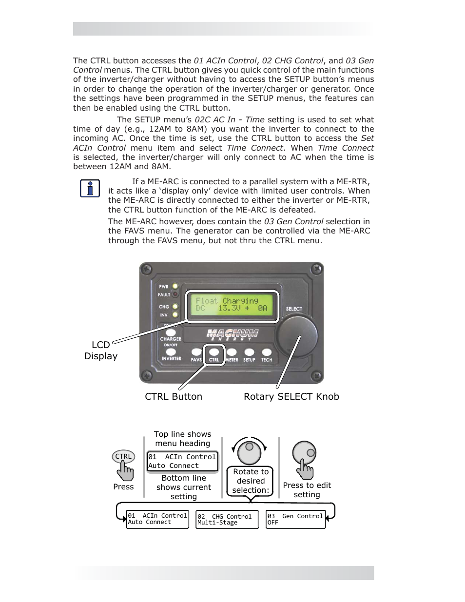 2 ctrl (control) button and menus, 0 setup | Magnum Energy ME-ARC Remote User Manual | Page 22 / 107