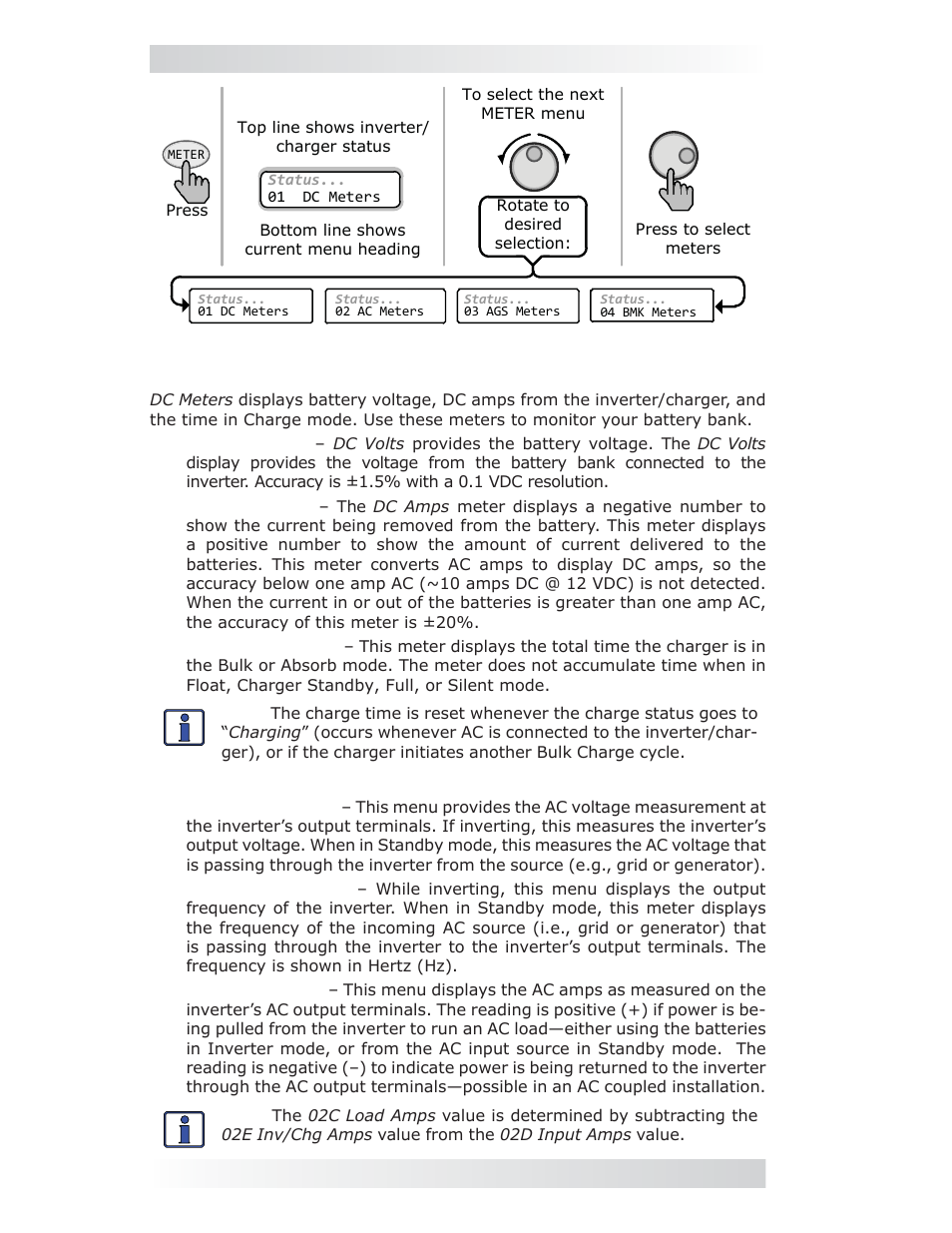 Meter: 01 dc meters, Meter: 02 ac meters, 0 setup | Magnum Energy ME-ARC Remote User Manual | Page 26 / 107