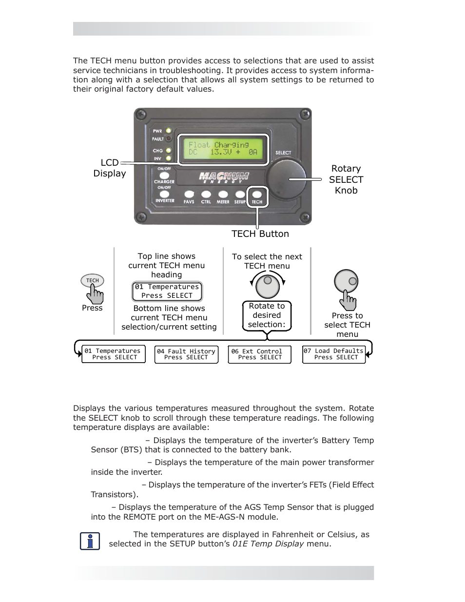 5 tech button and menus, Tech: 01 temperatures, 0 setup | Magnum Energy ME-ARC Remote User Manual | Page 44 / 107