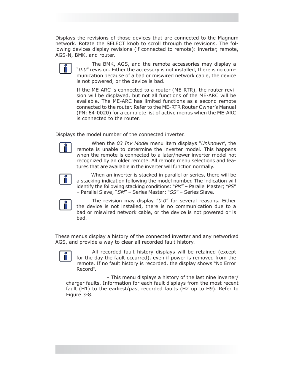 Tech: 02 revisions, Tech: 03 inv model, Tech: 04 fault history | 0 setup | Magnum Energy ME-ARC Remote User Manual | Page 45 / 107