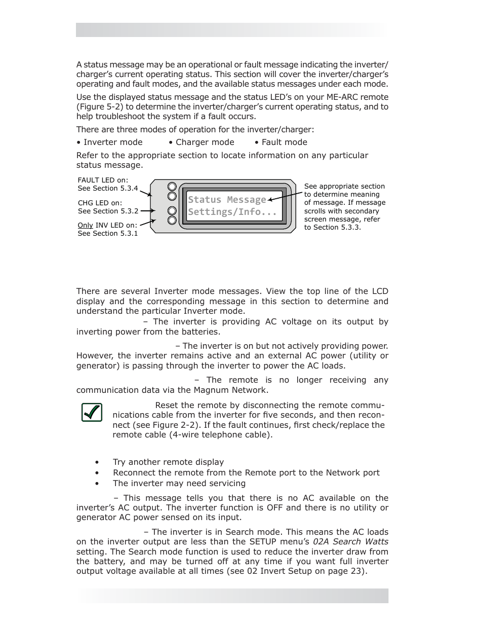 3 system status messages, 1 inverter mode status messages, 0 operation | Status message settings/info | Magnum Energy ME-ARC Remote User Manual | Page 58 / 107