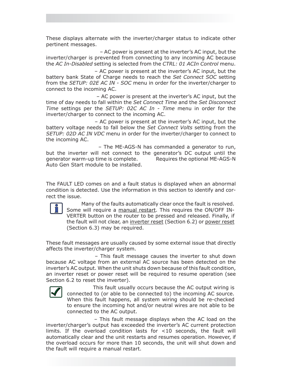 3 secondary scrolling status messages, 4 fault mode messages, 0 operation | Magnum Energy ME-ARC Remote User Manual | Page 62 / 107