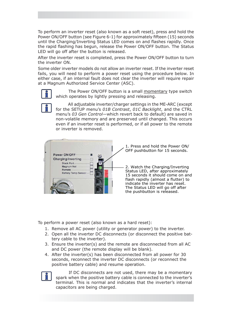 2 performing an inverter reset, 3 performing a power reset, 0 troubleshooting | Magnum Energy ME-ARC Remote User Manual | Page 70 / 107