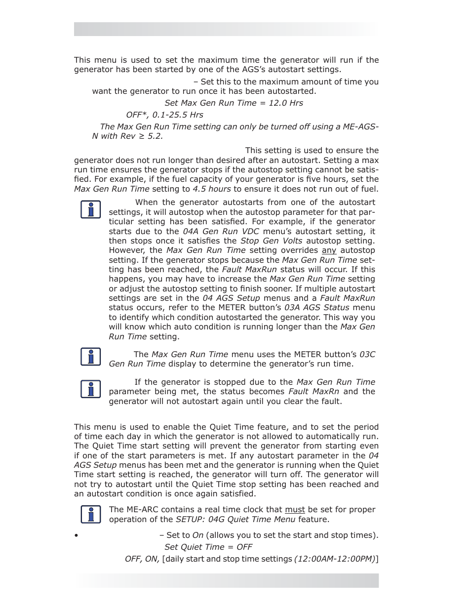 Setup: 04f max gen run time menu, Setup: 04g quiet time menu, 0 using an ags module | Magnum Energy ME-ARC Remote User Manual | Page 78 / 107
