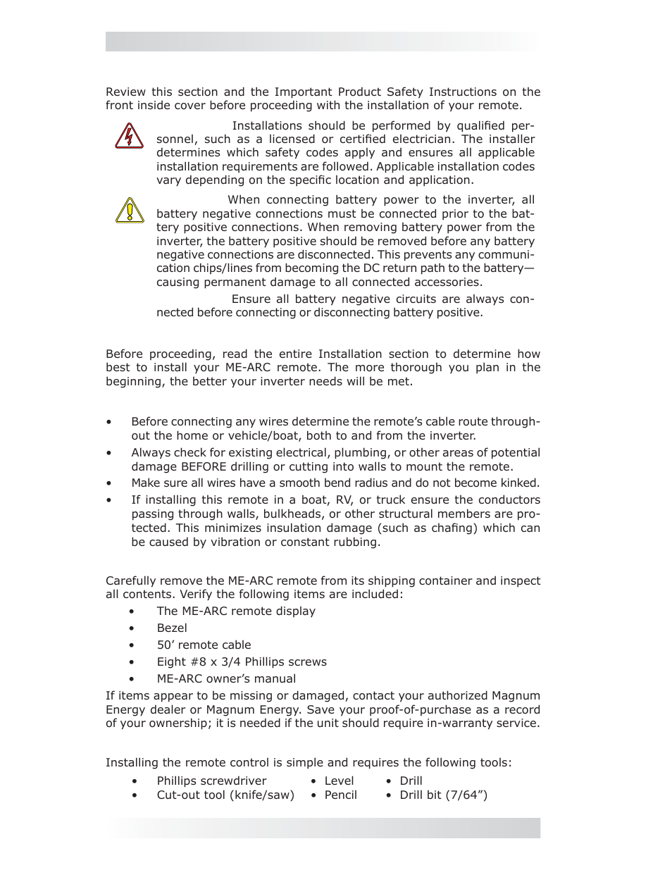 0 installation, 1 pre-installation | Magnum Energy ME-ARC Remote User Manual | Page 8 / 107