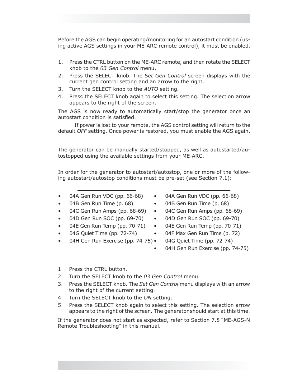 4 enabling the me-ags-n, 5 starting and stopping the generator, 0 using an ags module | Magnum Energy ME-ARC Remote User Manual | Page 87 / 107