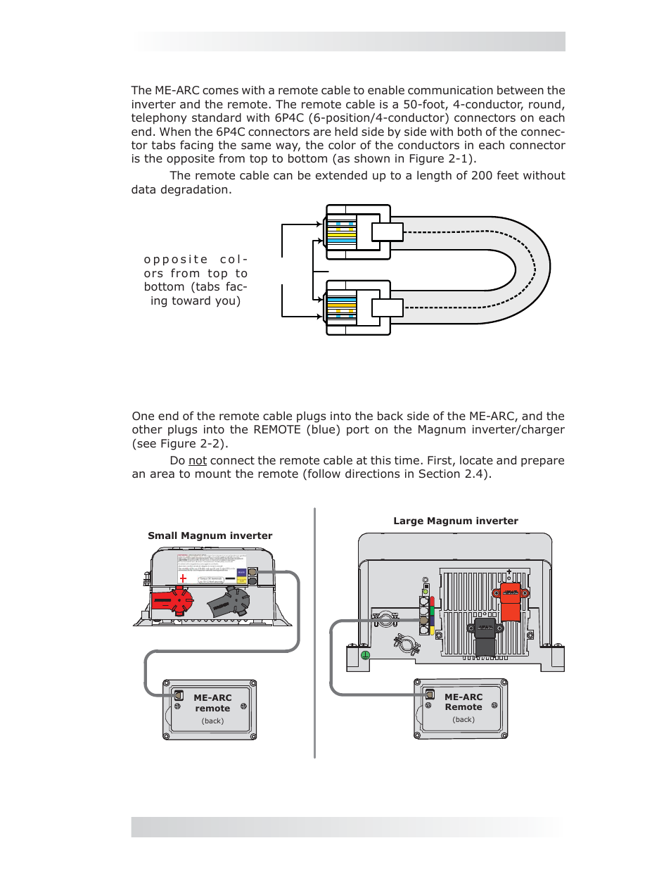 2 connecting the remote cable, 0 installation 2.2 connecting the remote cable | Magnum Energy ME-ARC Remote User Manual | Page 9 / 107