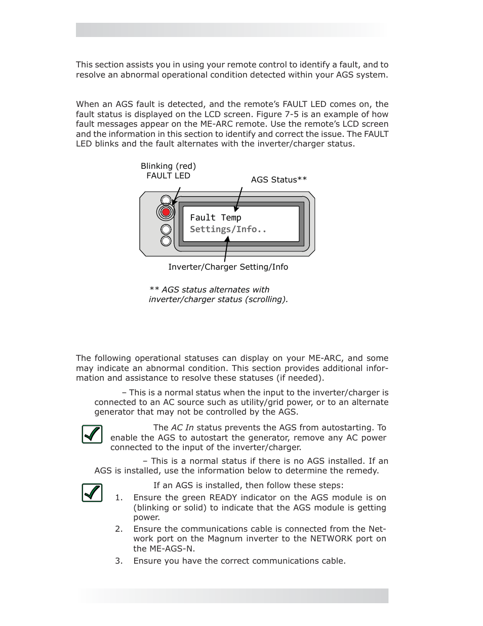 8 me-ags-n remote troubleshooting, 0 using an ags module | Magnum Energy ME-ARC Remote User Manual | Page 96 / 107