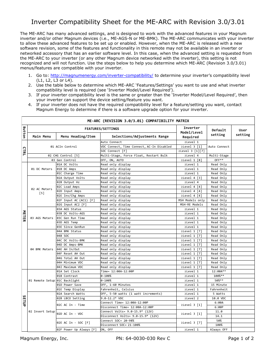 Magnum Energy ME-ARC Remote User Manual | 2 pages