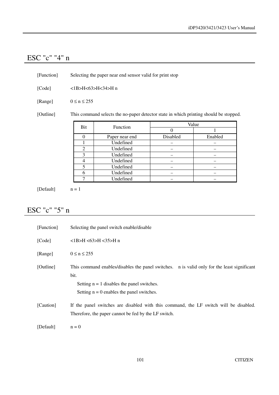 Esc "c" "4" n, Esc "c" "5" n | Citizen Systems iDP3423 User Manual | Page 117 / 174