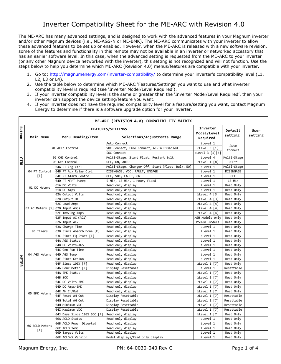 Magnum Energy ME-ARC Remote User Manual | 4 pages