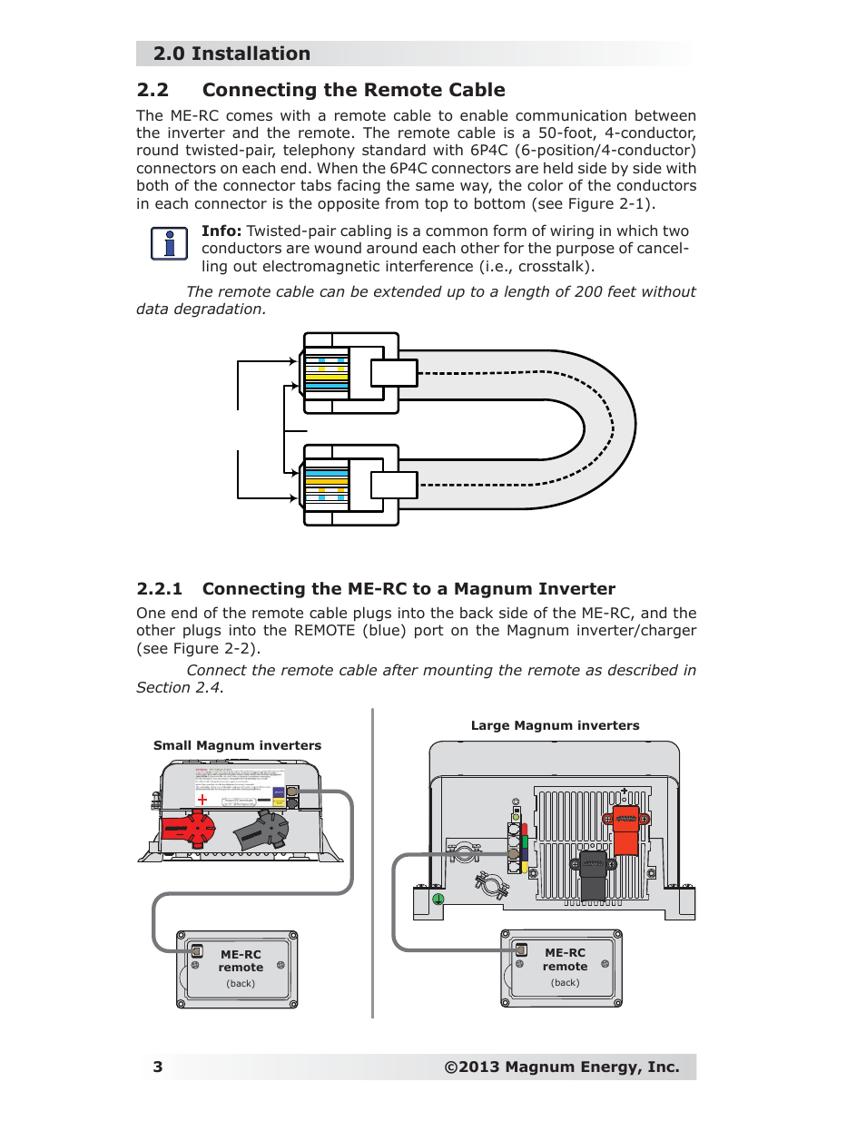 2 connecting the remote cable, 1 connecting the me-rc to a magnum inverter, 0 installation | Magnum Energy ME-RC Remote User Manual | Page 10 / 87