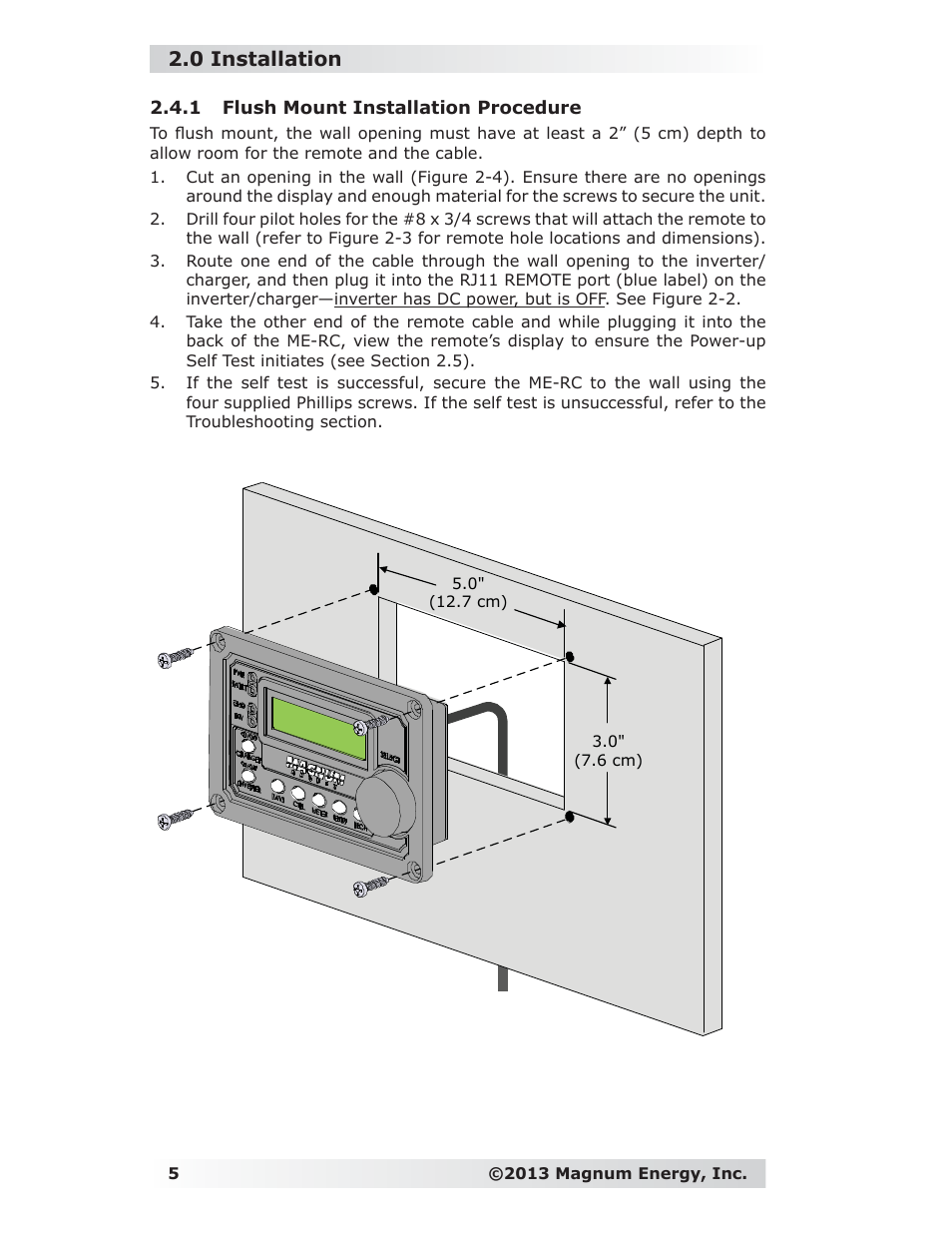 1 flush mount installation procedure, 0 installation | Magnum Energy ME-RC Remote User Manual | Page 12 / 87