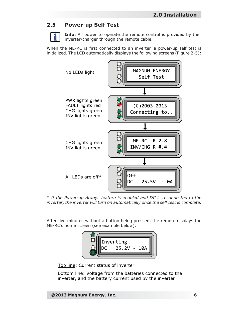5 power-up self test, 0 installation, Magnum energy self test | Me-rc r 2.8 inv/chg r, Off dc 25.5v - 0a | Magnum Energy ME-RC Remote User Manual | Page 13 / 87
