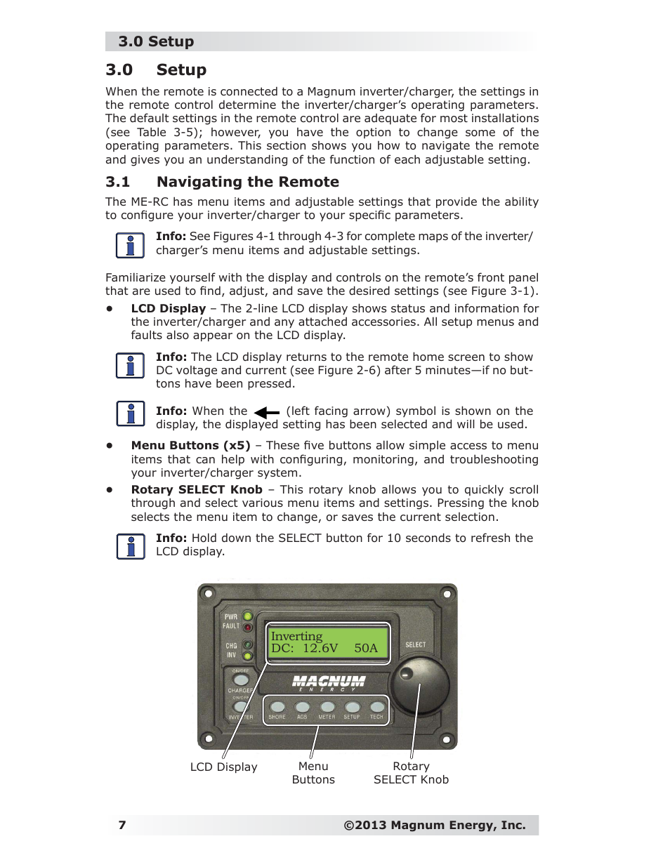 0 setup, 1 navigating the remote | Magnum Energy ME-RC Remote User Manual | Page 14 / 87