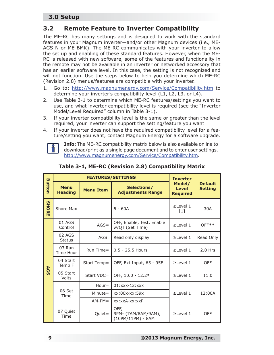 2 remote feature to inverter compatibility, 0 setup | Magnum Energy ME-RC Remote User Manual | Page 16 / 87