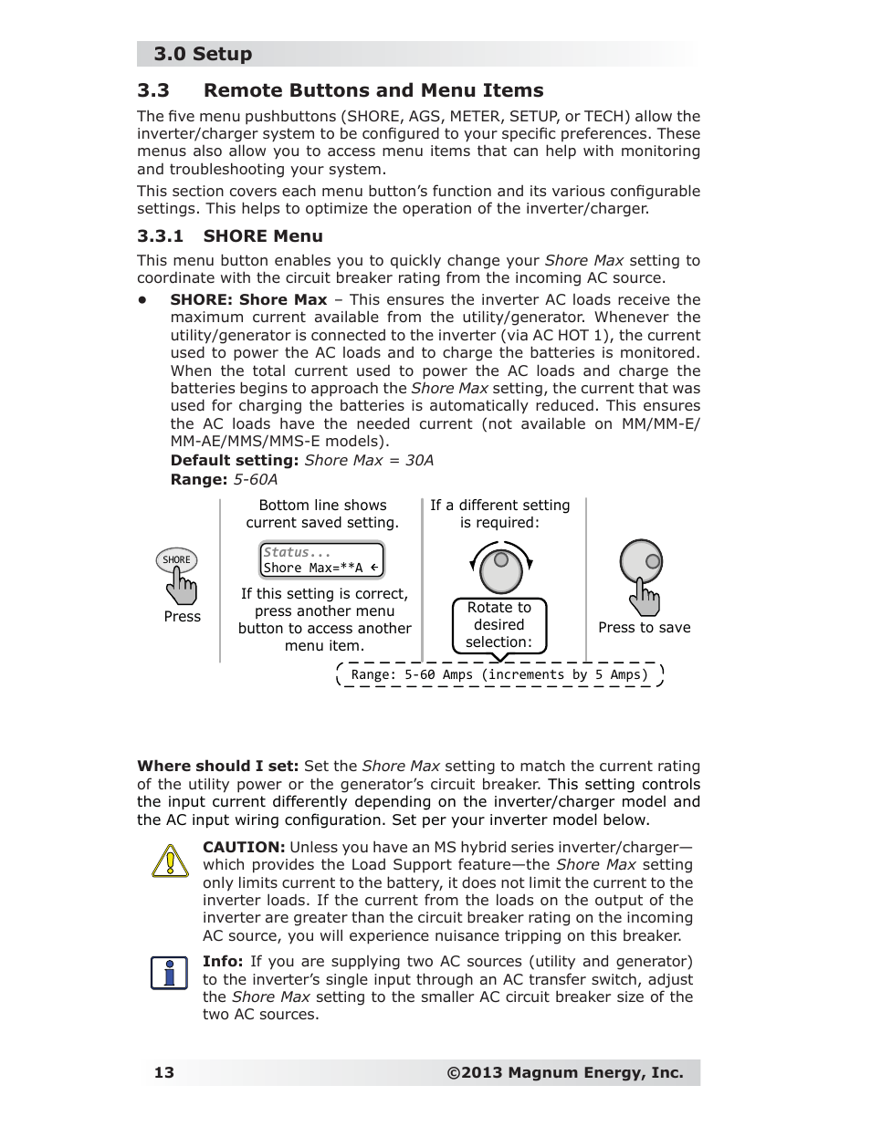 3 remote buttons and menu items, 1 shore menu, 0 setup | Magnum Energy ME-RC Remote User Manual | Page 20 / 87