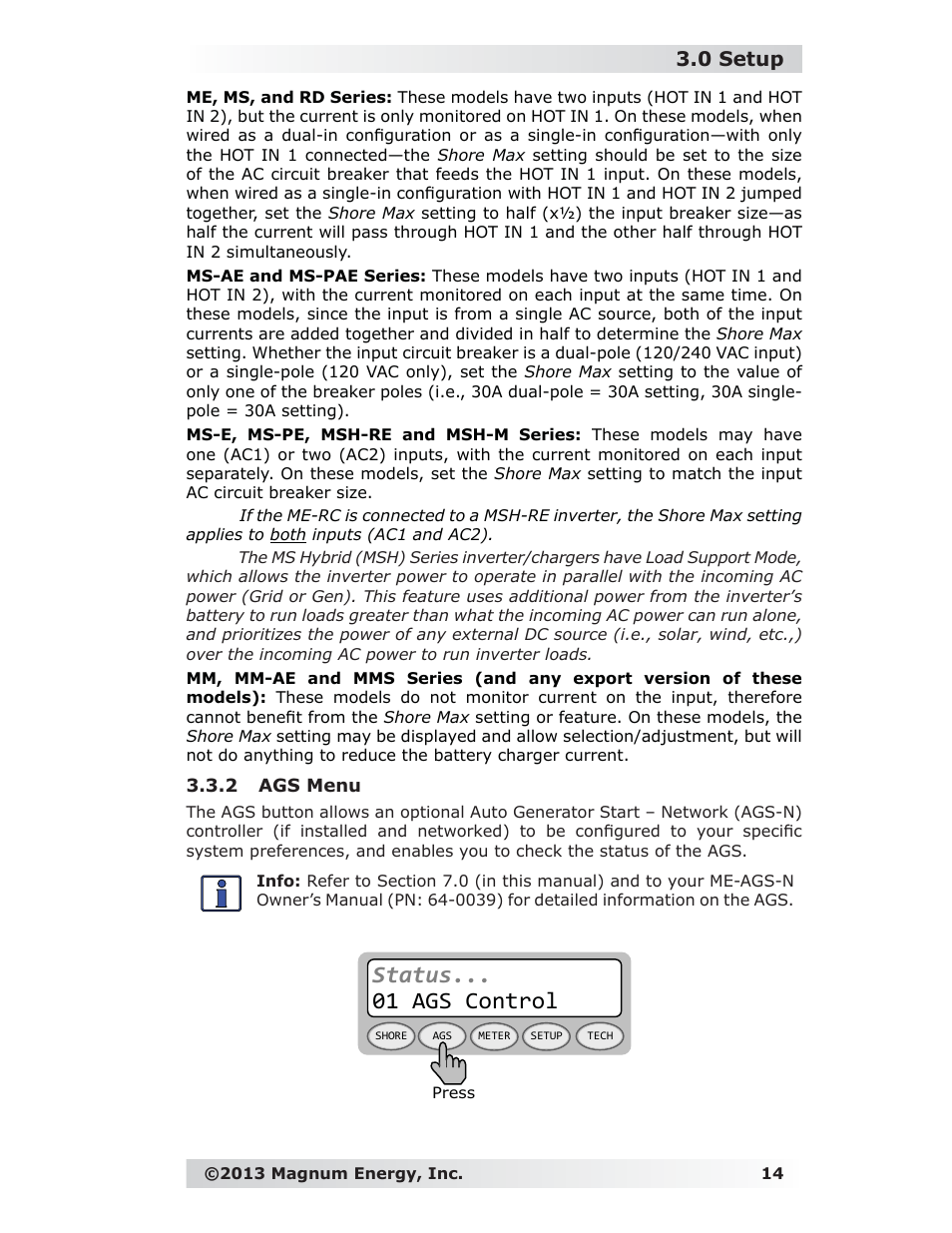 2 ags menu, Status ags control, 0 setup | Magnum Energy ME-RC Remote User Manual | Page 21 / 87