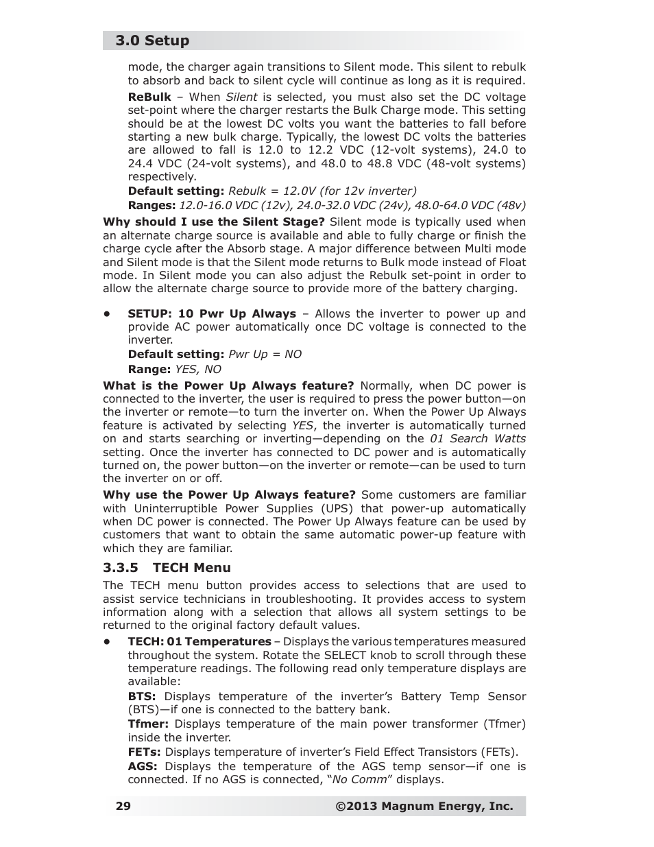 5 tech menu, 0 setup | Magnum Energy ME-RC Remote User Manual | Page 36 / 87