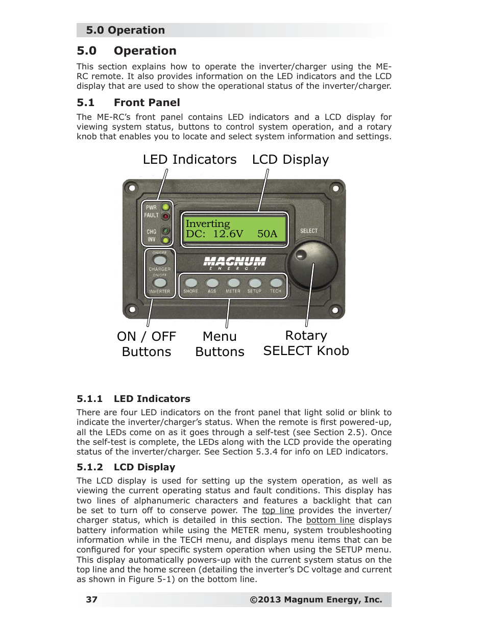 0 operation, 1 front panel, 1 led indicators | 2 lcd display | Magnum Energy ME-RC Remote User Manual | Page 44 / 87