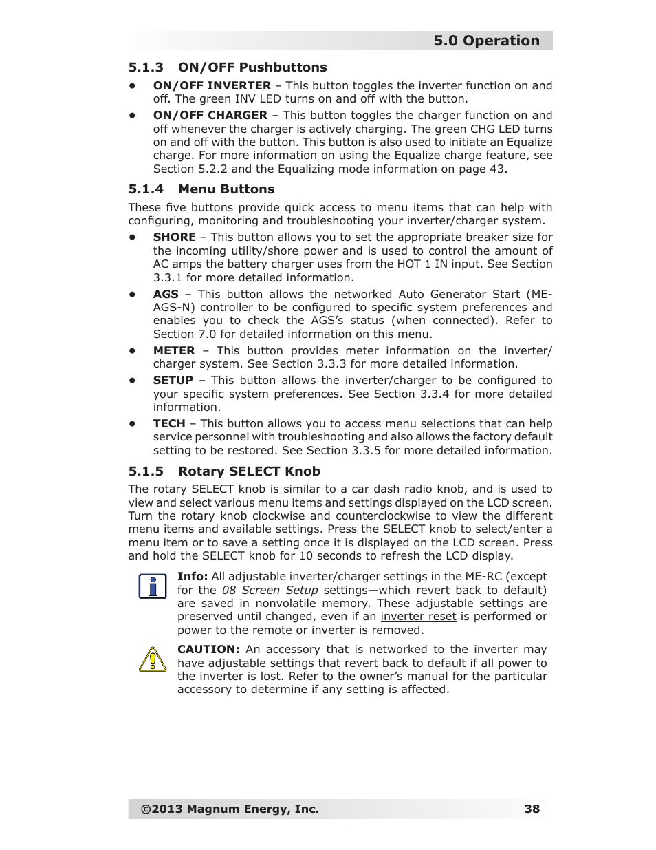 3 on/off pushbuttons, 4 menu buttons, 5 rotary select knob | 0 operation | Magnum Energy ME-RC Remote User Manual | Page 45 / 87