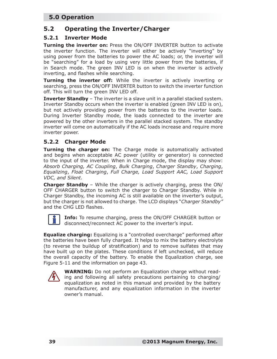 2 operating the inverter/charger, 1 inverter mode, 2 charger mode | 0 operation 5.2 operating the inverter/charger | Magnum Energy ME-RC Remote User Manual | Page 46 / 87