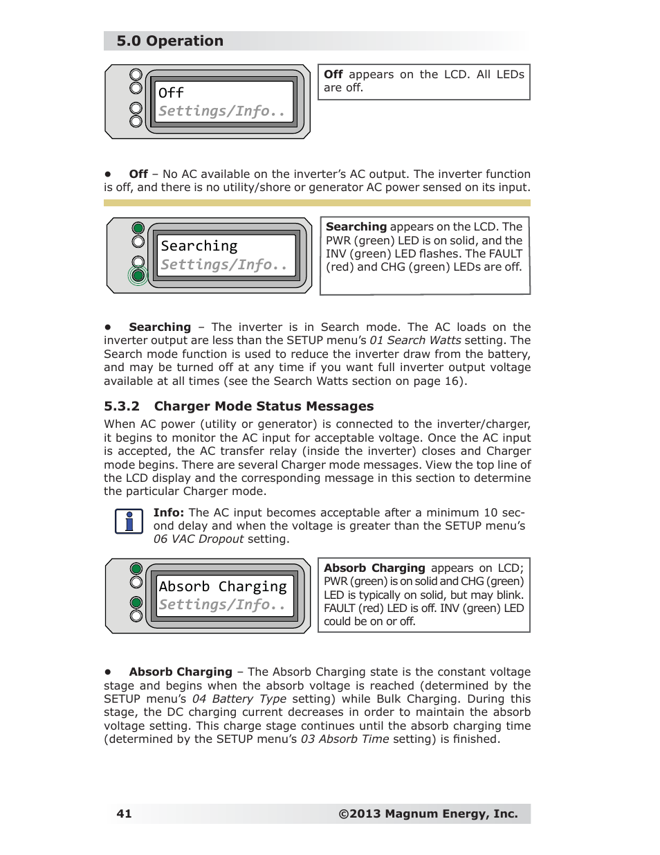 2 charger mode status messages, Absorb charging settings/info, Searching settings/info | Off settings/info, 0 operation | Magnum Energy ME-RC Remote User Manual | Page 48 / 87
