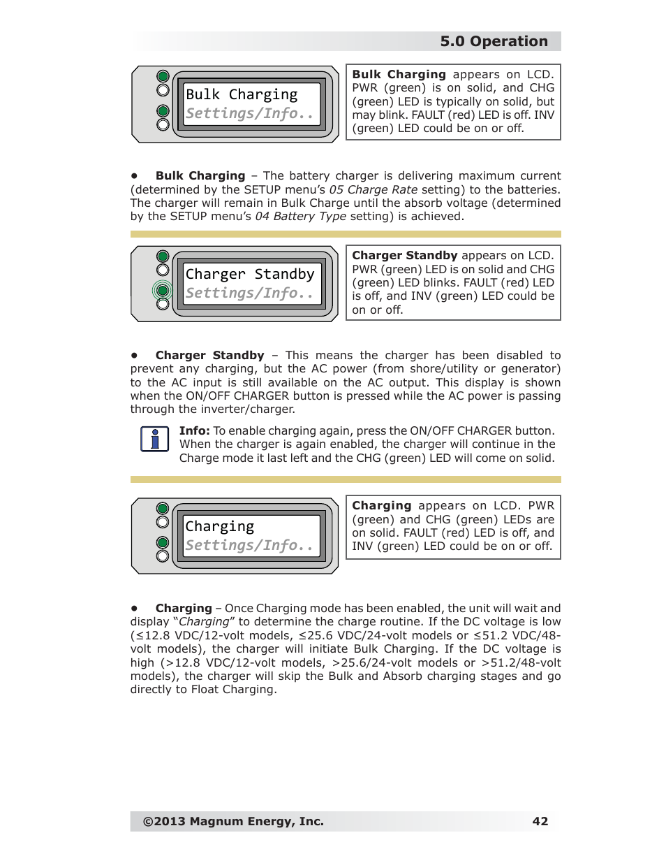 Charger standby settings/info, Charging settings/info, Bulk charging settings/info | 0 operation | Magnum Energy ME-RC Remote User Manual | Page 49 / 87