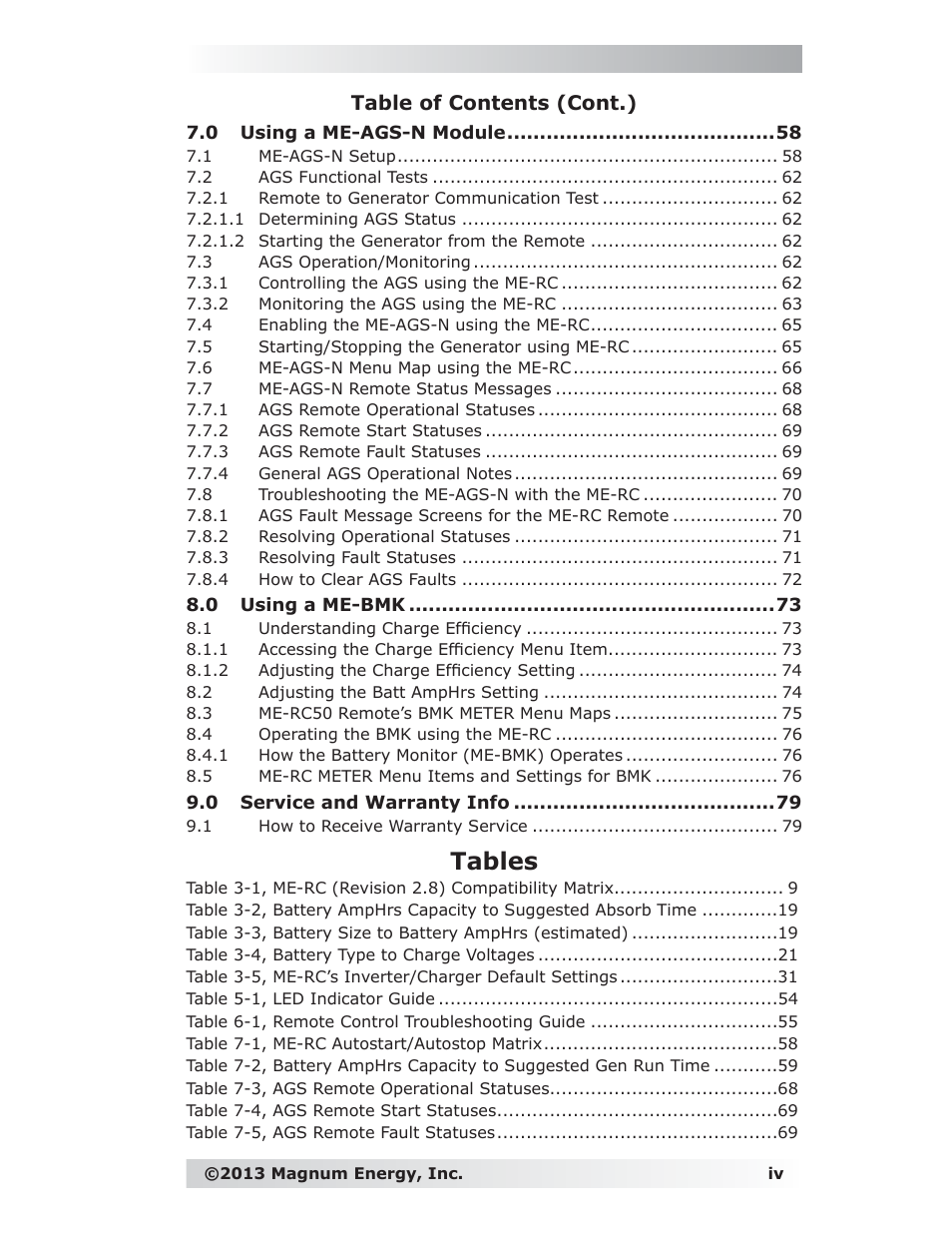 Tables, Table of contents (cont.) | Magnum Energy ME-RC Remote User Manual | Page 5 / 87