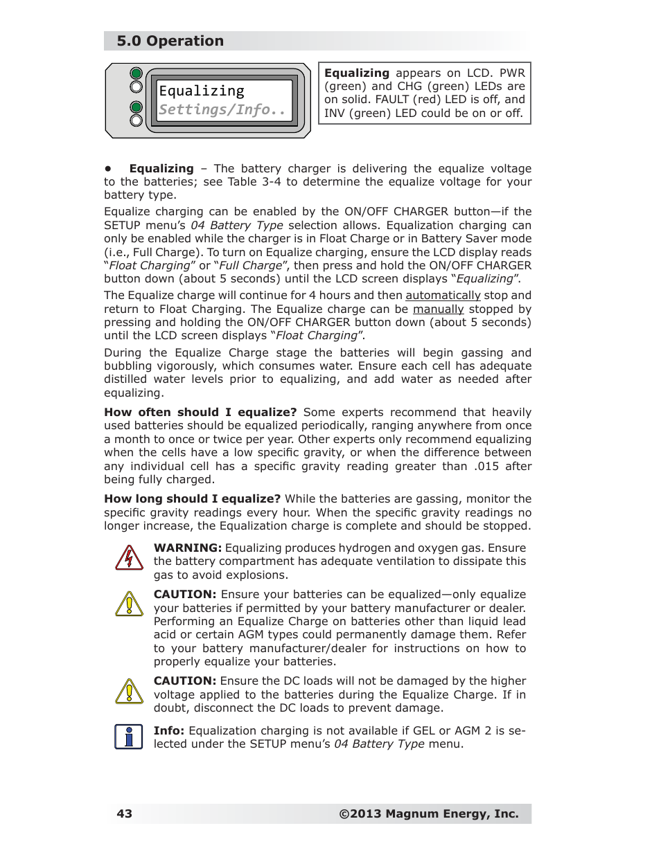 Equalizing settings/info, 0 operation | Magnum Energy ME-RC Remote User Manual | Page 50 / 87