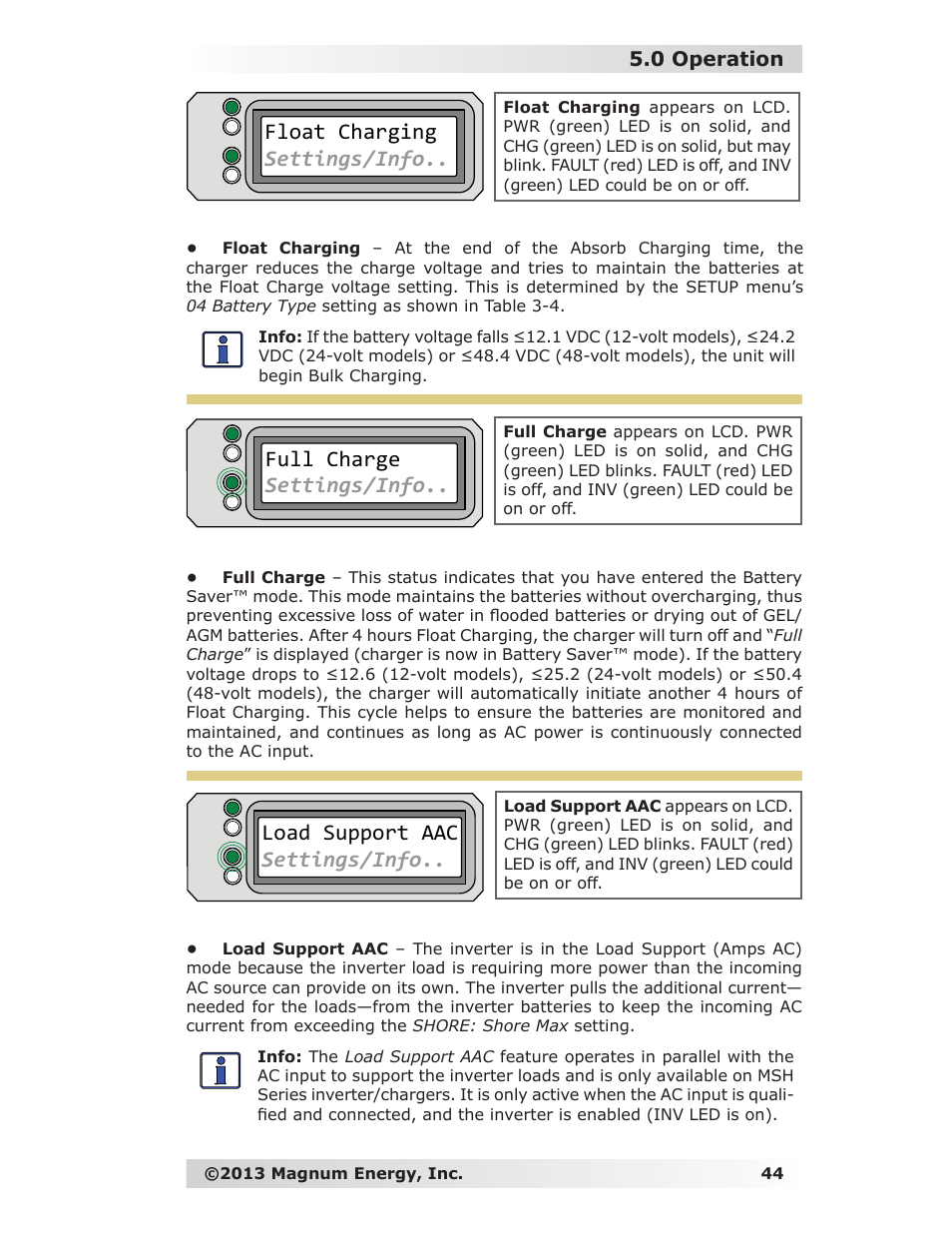 Full charge settings/info, Load support aac settings/info, Float charging settings/info | 0 operation | Magnum Energy ME-RC Remote User Manual | Page 51 / 87