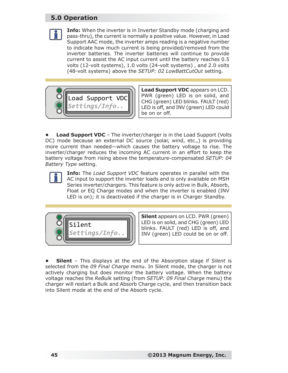 Load support vdc settings/info, Silent settings/info, 0 operation | Magnum Energy ME-RC Remote User Manual | Page 52 / 87