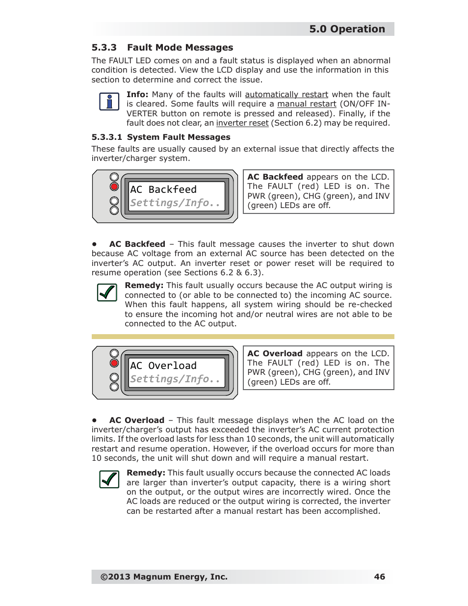 3 fault mode messages, 1 system fault messages, Ac backfeed settings/info | Ac overload settings/info, 0 operation | Magnum Energy ME-RC Remote User Manual | Page 53 / 87