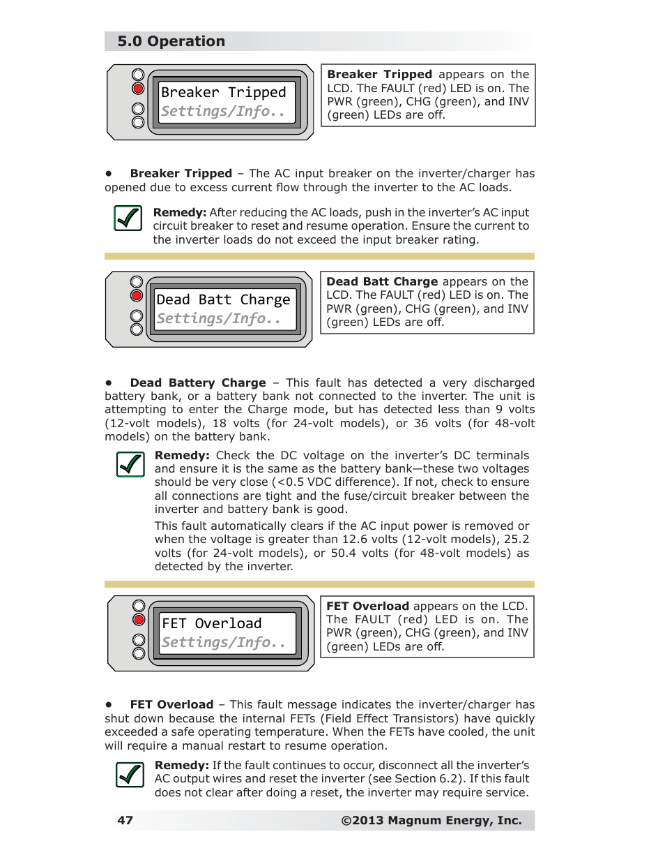 Breaker tripped settings/info, Dead batt charge settings/info, Fet overload settings/info | 0 operation | Magnum Energy ME-RC Remote User Manual | Page 54 / 87