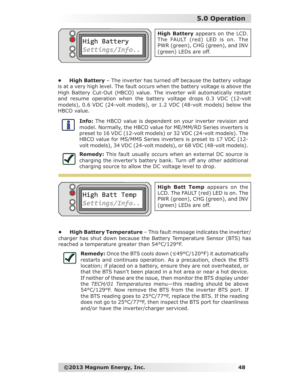 High batt temp settings/info, High battery settings/info, 0 operation | Magnum Energy ME-RC Remote User Manual | Page 55 / 87
