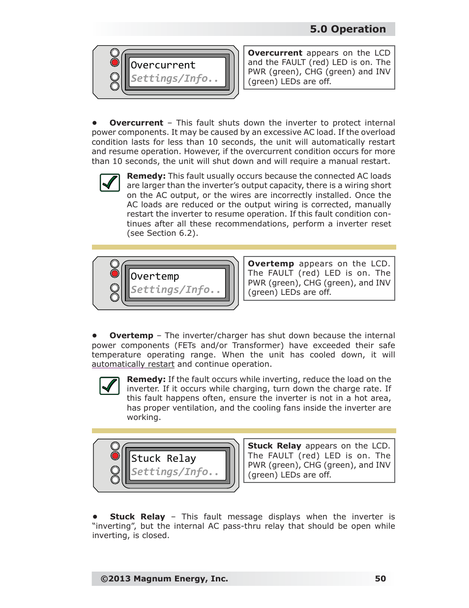 Overtemp settings/info, Stuck relay settings/info, Overcurrent settings/info | 0 operation | Magnum Energy ME-RC Remote User Manual | Page 57 / 87