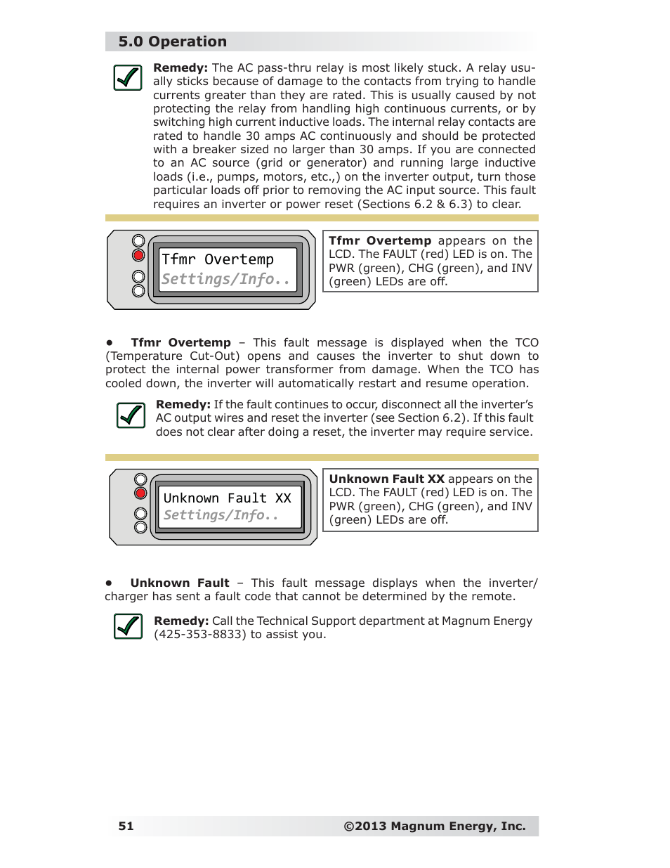 Tfmr overtemp settings/info, 0 operation, Unknown fault xx settings/info | Magnum Energy ME-RC Remote User Manual | Page 58 / 87