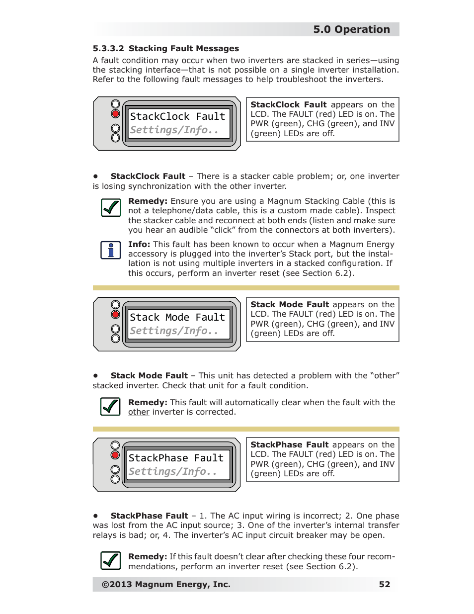 2 stacking fault messages, Stack mode fault settings/info, Stackphase fault settings/info | Stackclock fault settings/info, 0 operation | Magnum Energy ME-RC Remote User Manual | Page 59 / 87